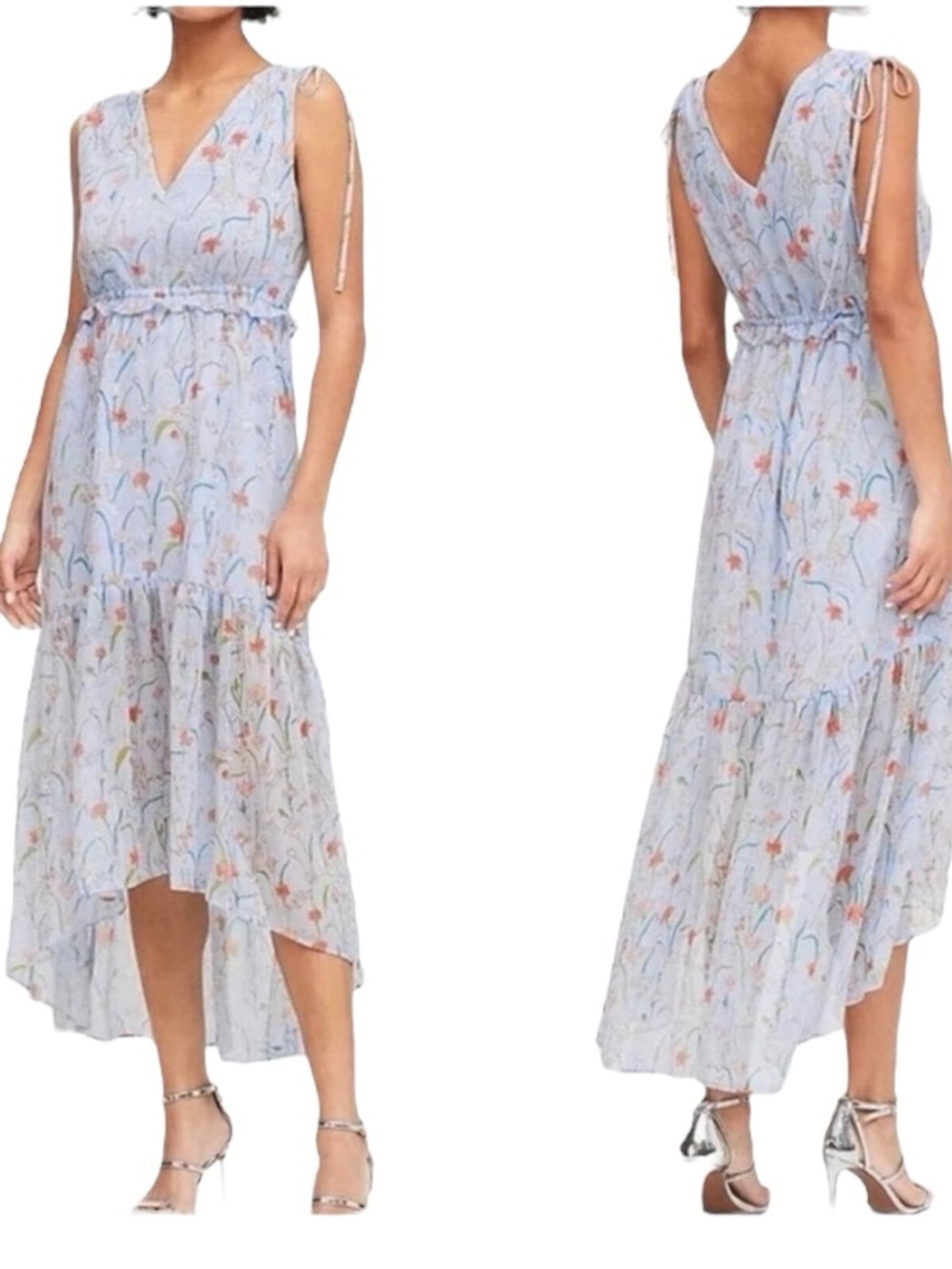 Banana Republic Blue Floral High Low Midi Dress Sleeveless V Neck Size 2